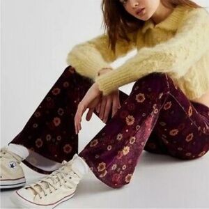 Free People Flare Street Purple and Yellow Floral Velvet Flare Pants Retro Style